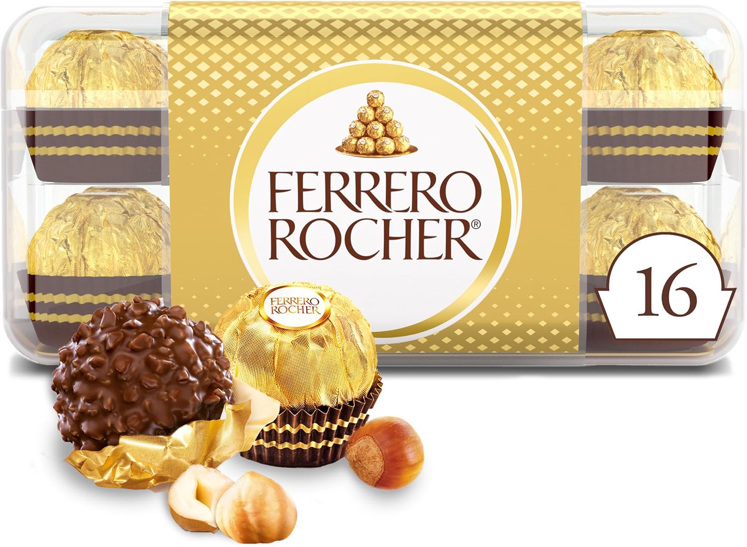 Ferrero Rocher Gourmet Hazelnut Milk Chocolate Gift Box, 16 Individually Wrapped Chocolates, 7 oz