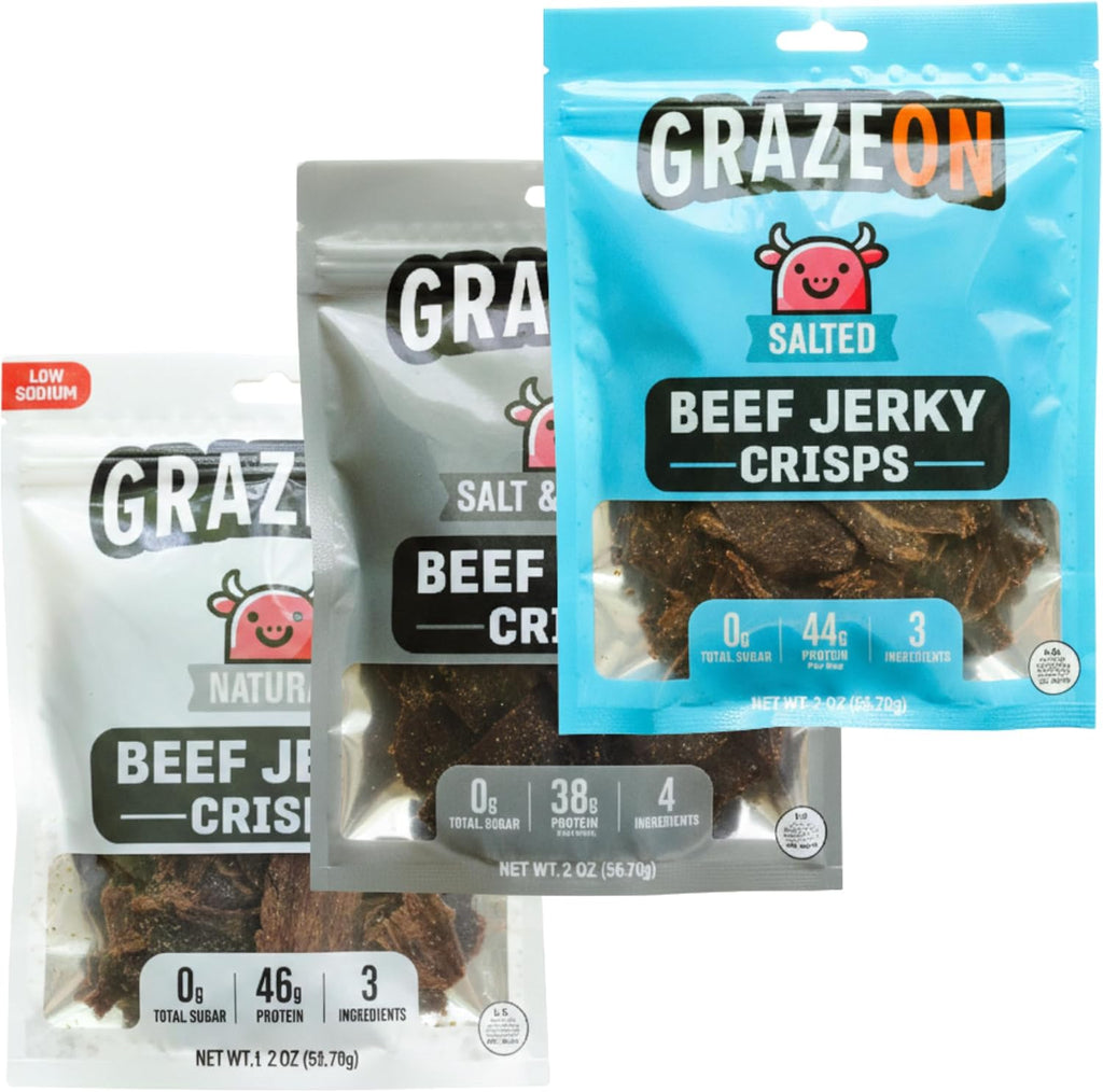 GrazeOn Beef Jerky Crisps Variety Pack - High Protein, No Sugar, Crunchy Air-Dried Meat Snack, All-Natural, Low Carb, Keto, Paleo, Whole30, Protein Pack Jerky Sampler with Salt, Salt and Pepper, Natural - 2.0 oz (Pack of 3)
