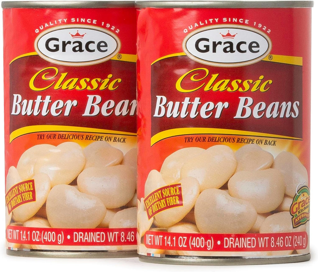 Grace Butter Beans 14oz - 2 Pack Canned Butter Beans - Source of Plant Based Protein & Fiber, Gluten Free, Low Fat - Giant White Beans Canned - Canned Lima Beans - Gigante Beans Alternative - Habas Grandes