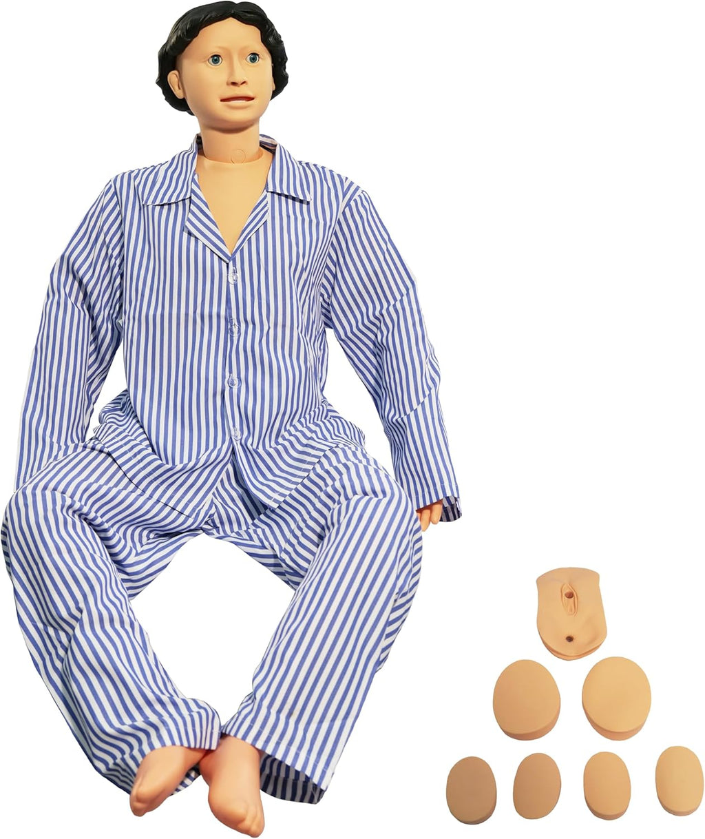 DRXRD Nursing Training Mannequin 5.3ft Life Size Geriatric Training Manikin Patient Care Skills Mannequin with Hospital Gown and Replace Module for Patient Care Skills Training Teaching Female