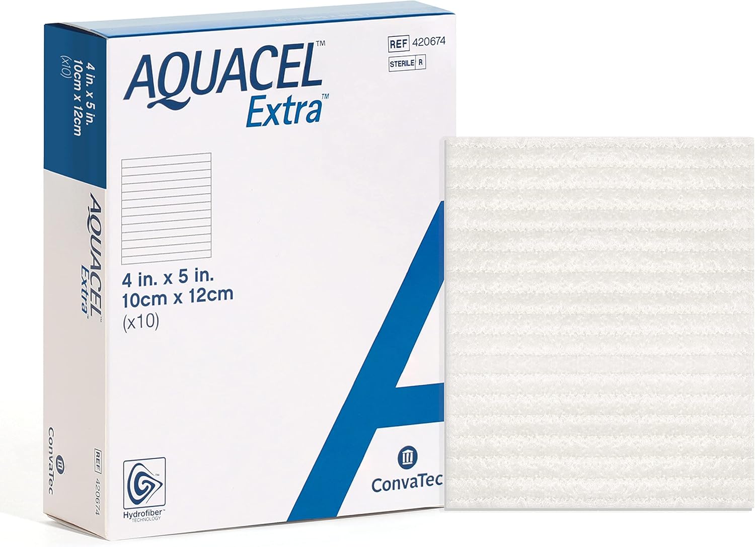 ConvaTec AQUACEL Extra 4"x5" Hydrofiber Absorbant Dressing for Moderate to Highly Exuding Wounds, Non-Woven Two-Dimensional Strengthening Fibers, Rectangle, 10ct Box