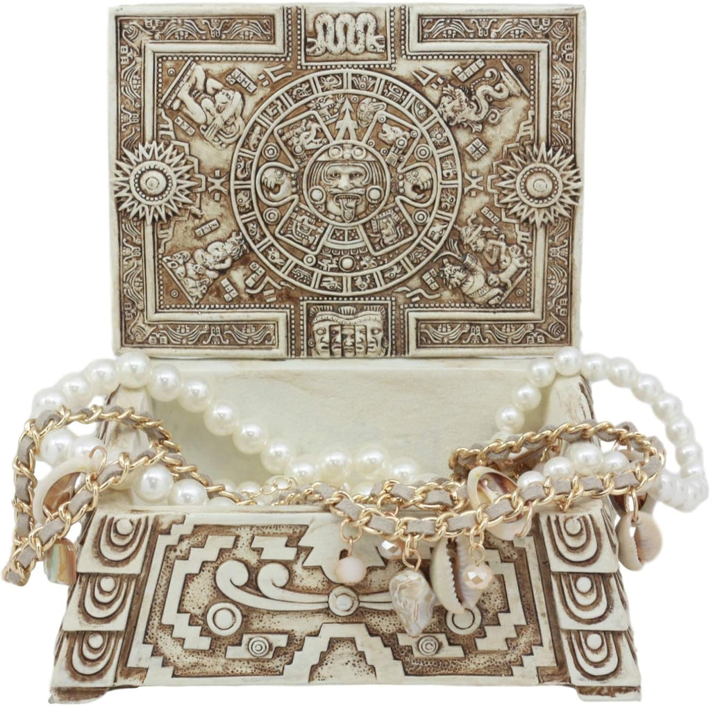Ebros Gift Mexica Aztec Maya Solar Sun Gods and Goddesses Mesoamerican Calendar Jewelry Treasure Trinket Jewelry Box Figurine