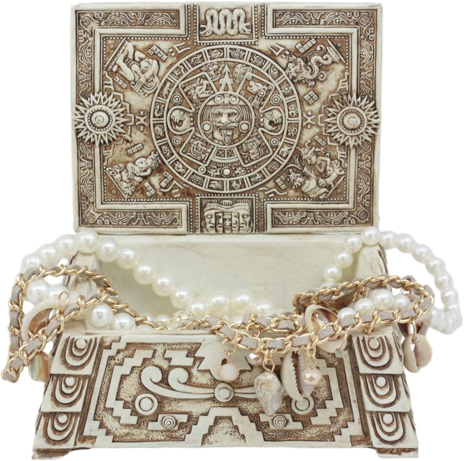 Ebros Gift Mexica Aztec Maya Solar Sun Gods and Goddesses Mesoamerican Calendar Jewelry Treasure Trinket Jewelry Box Figurine