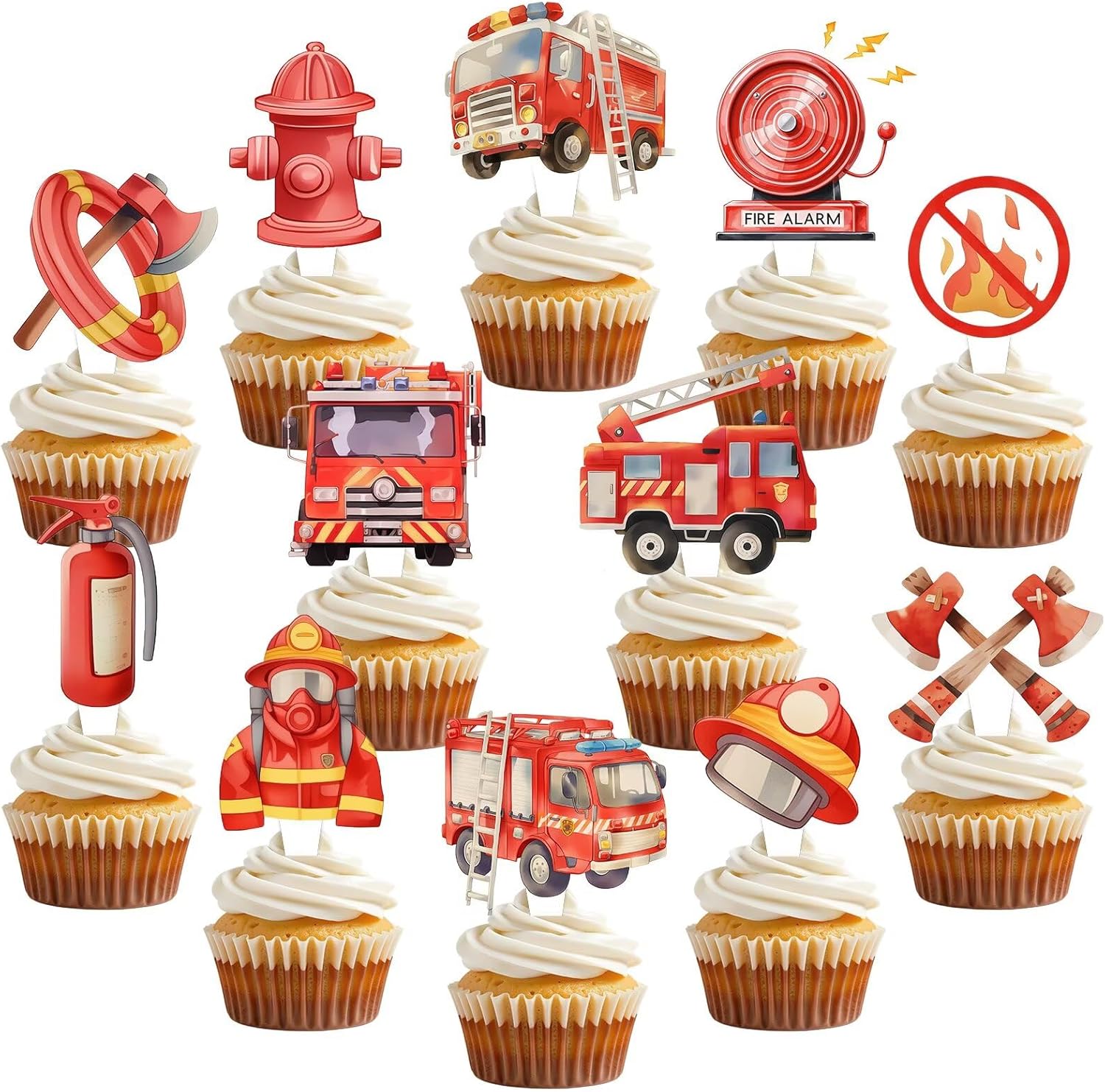 48 Pcs Fire Truck Cupcake Toppers Firetruck Birthday Decorations Firefighter Cupcake Toppers Fire Truck Birthday Decorations
