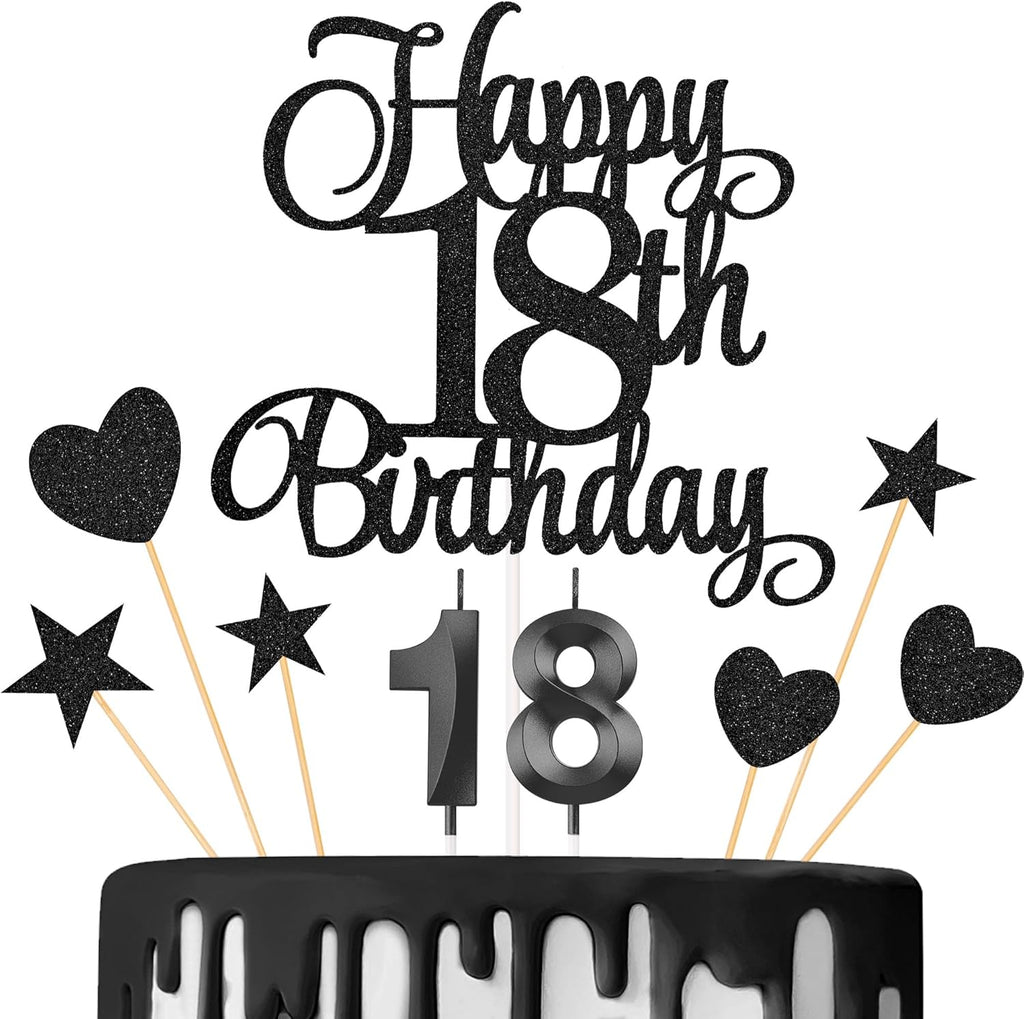 18th Birthday Cake Decorations, 18th Birthday Candles Cake Numeral Candles and Glitter Happy 18th Birthday Cake Toppers Set for Birthday Party Supplies (Black)