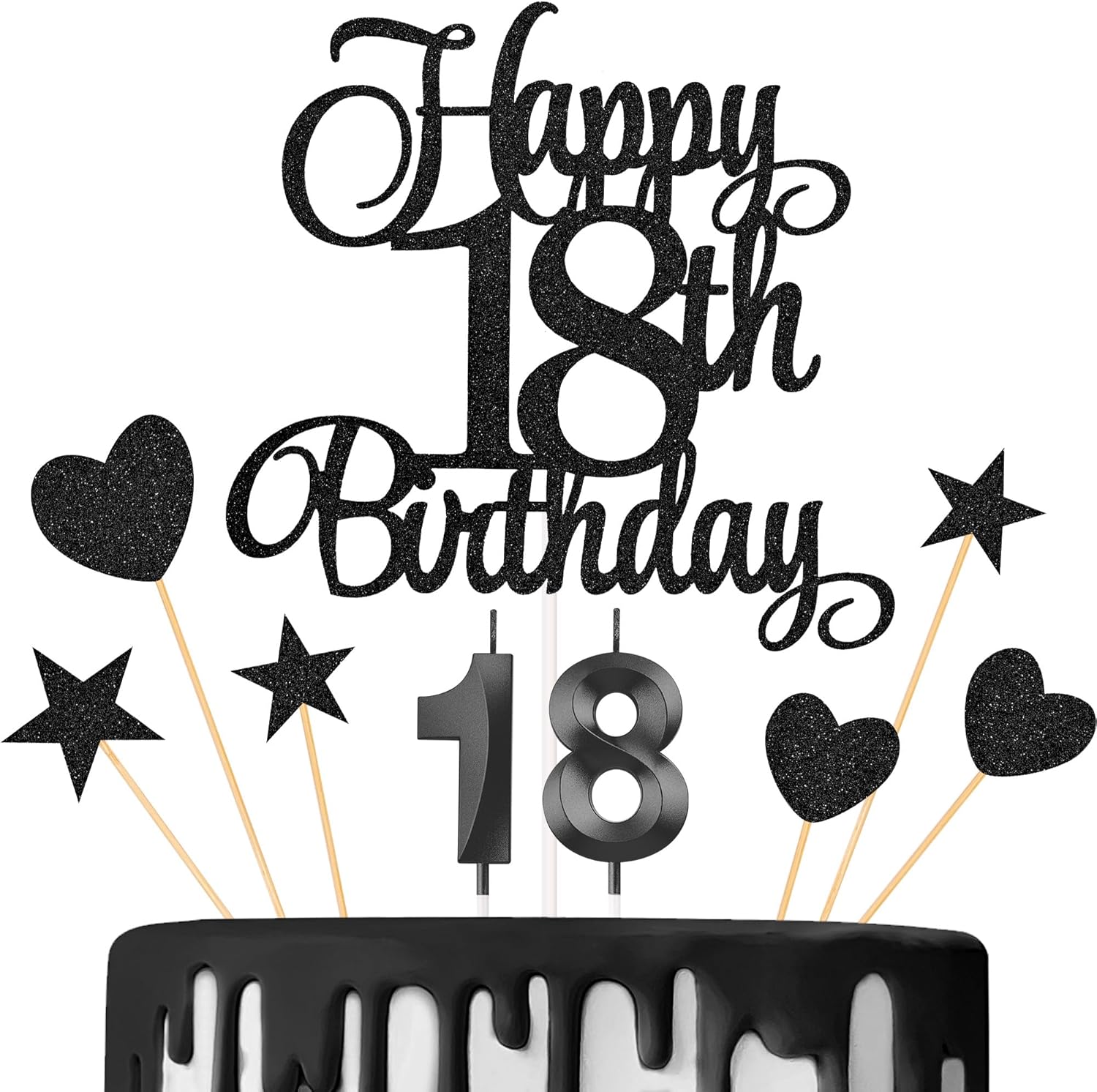 18th Birthday Cake Decorations, 18th Birthday Candles Cake Numeral Candles and Glitter Happy 18th Birthday Cake Toppers Set for Birthday Party Supplies (Black)