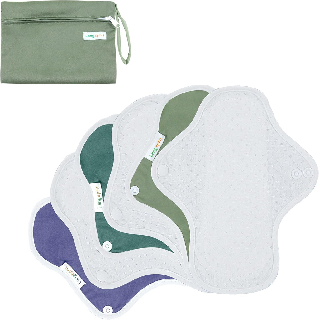 Langsprit Reusable Sanitary Pads for Women - Feminine Menstrual Pads 6pcs Set, Regular Absorbency Cotton Washable Cloth, Mini Wet Bag, Leakfree and Periods (Small)