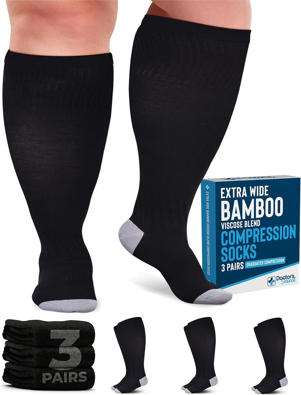 Doctor's Select 3 Pairs Plus Size Compression Socks Wide Calf - Bamboo Viscose Knee High Socks | Circulation Support