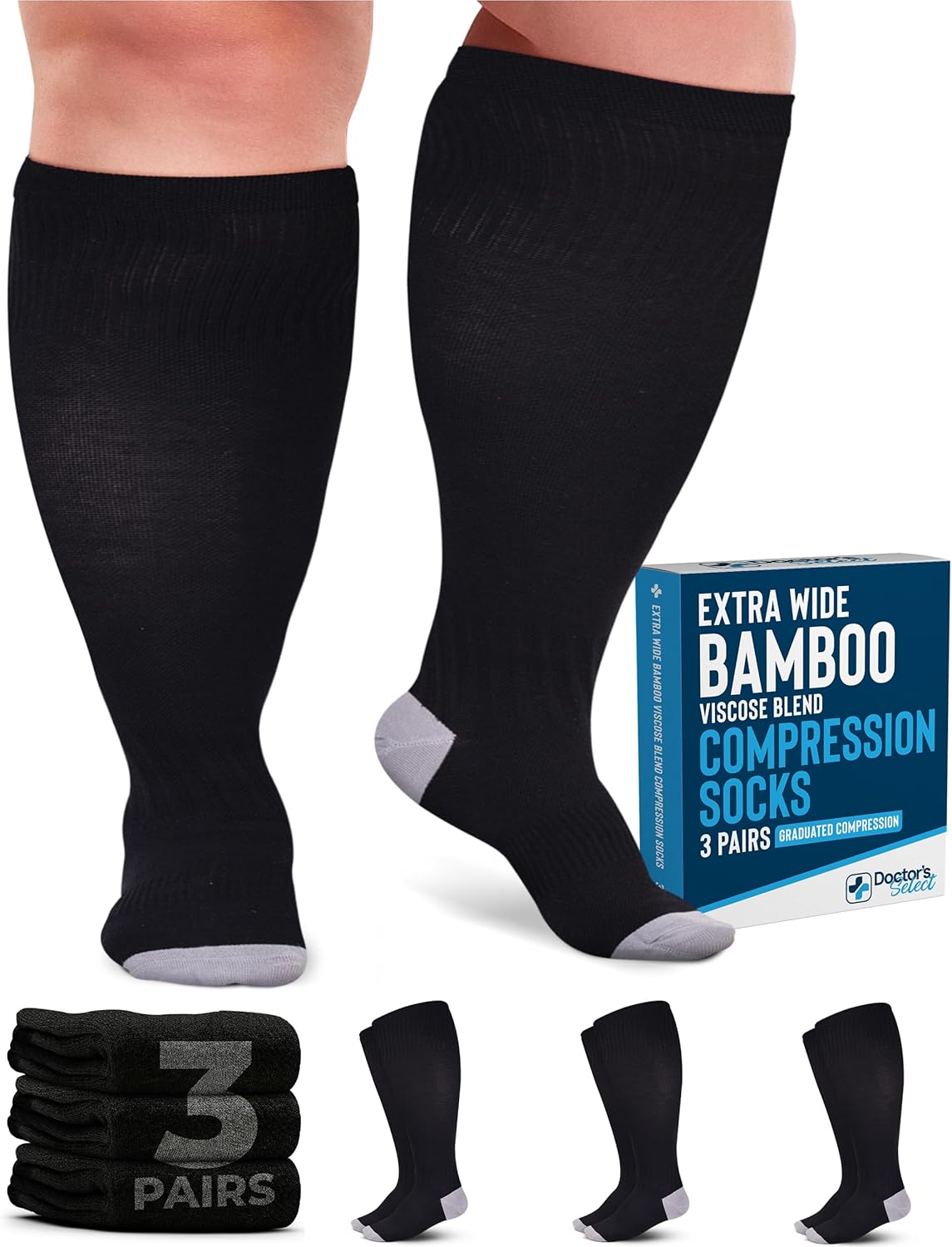 Doctor's Select 3 Pairs Plus Size Compression Socks Wide Calf - Bamboo Viscose Knee High Socks | Circulation Support
