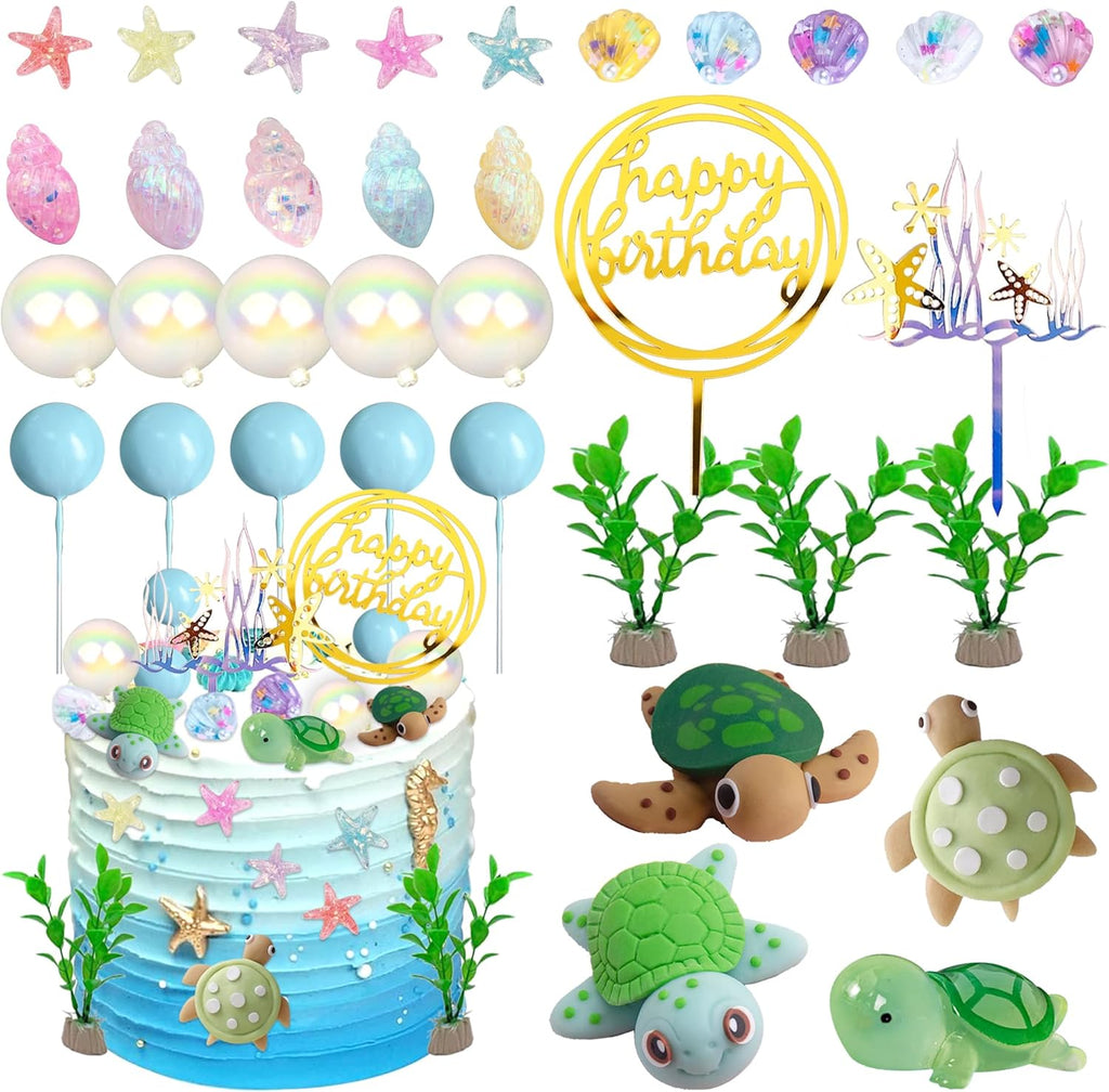 34pcs Turtle Cake Topper Under the Sea Cake Decoration with Ocean Turtle Starfish Conch and Seashells for Sea Theme Birthday Party Baby Shower Supplies