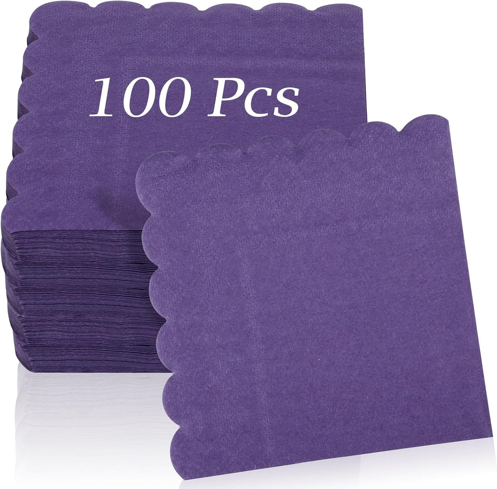 100 Pcs Cocktail Napkins, 2-Ply 5 x 5 Inches Disposable Scalloped Napkins, Thick Premium Dessert Napkins for Party, Wedding, Dinner, Birthday, Anniversary, Festival (Purple)