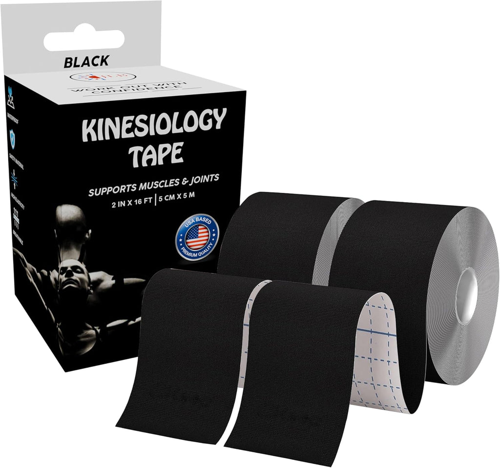JLB Kinesiology Tape – 2 Rolls (16ft Each) – Strong Adhesion, Waterproof & Sweatproof – Latex-Free Sports Tape for Pain Relief, Muscle Support & Recovery – Physical Therapy & Athletic Tape (Black)