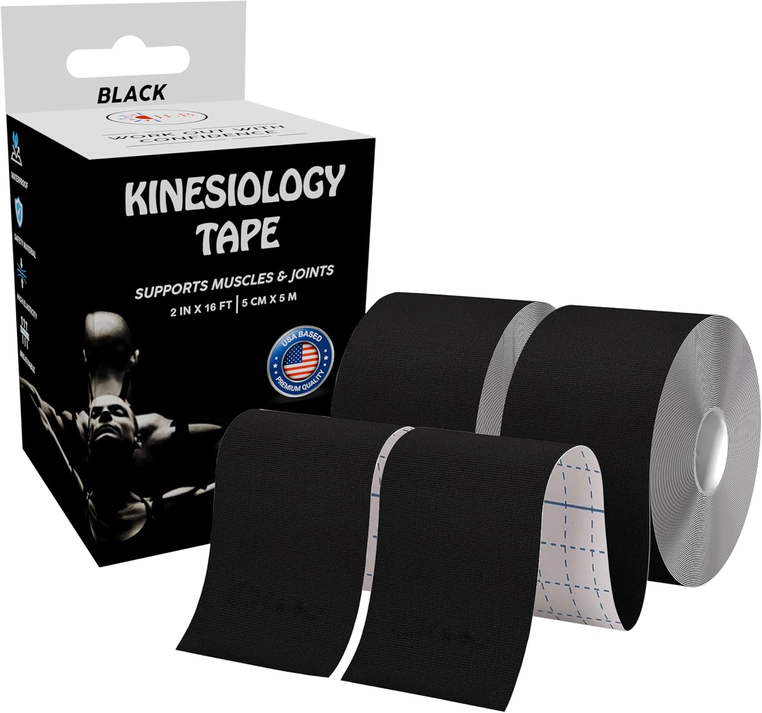 JLB Kinesiology Tape – 2 Rolls (16ft Each) – Strong Adhesion, Waterproof & Sweatproof – Latex-Free Sports Tape for Pain Relief, Muscle Support & Recovery – Physical Therapy & Athletic Tape (Black)