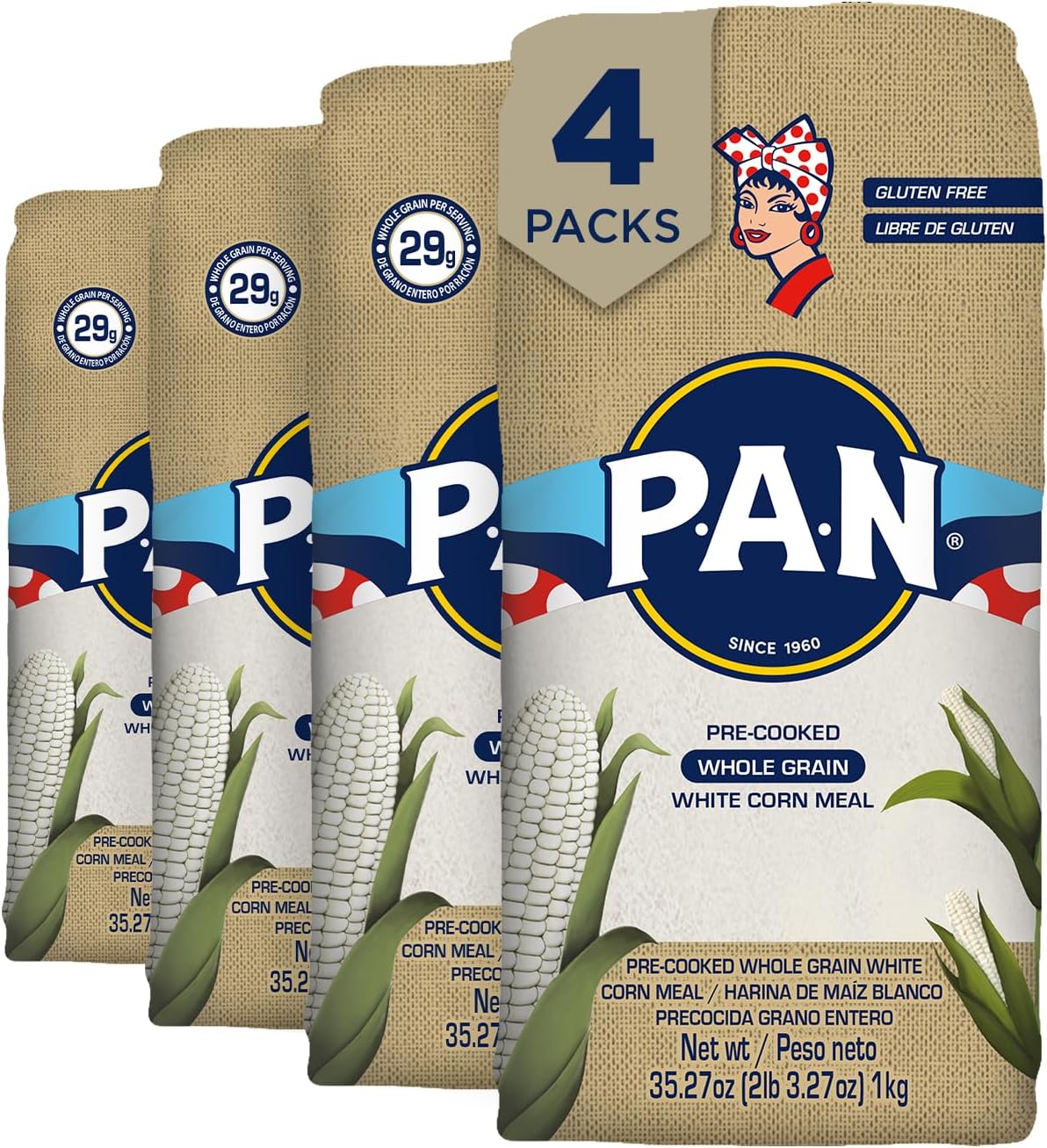 P.A.N. Whole Grain White Corn Meal – Pre-cooked Gluten Free and Kosher Flour for Arepas (2.2 lb/Pack of 4)