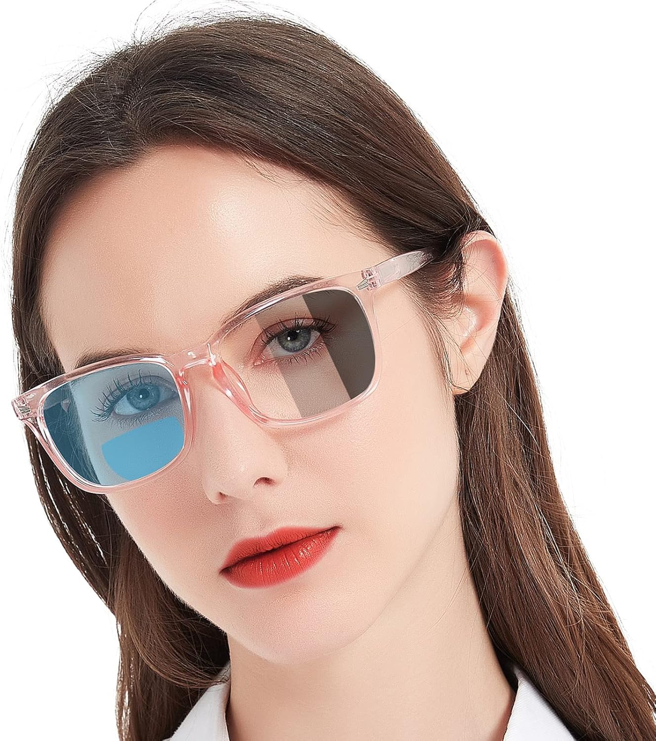 MARE AZZURO Photochromic Glasses Women Blue Light Blocking Square Sunglasses (Pink, 0.00)