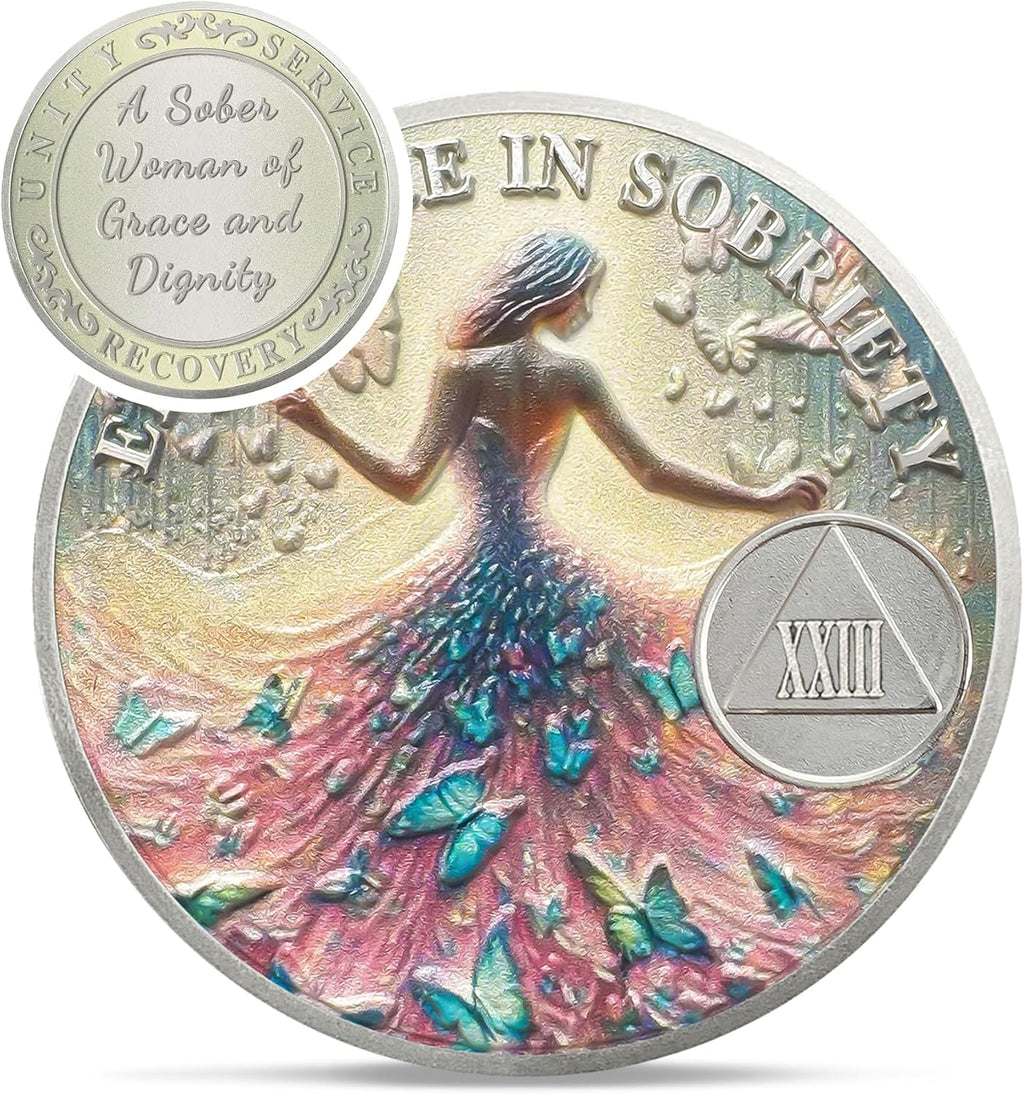 Artsy Grace Women 23 Year Sobriety Coin - Recovery Butterfly AA Coins - Sister Power Addiction NA AA Chips and Medallions - Celebrate 1-40 Years Narcotics Alcoholics Anonymous Gifts for Men Women