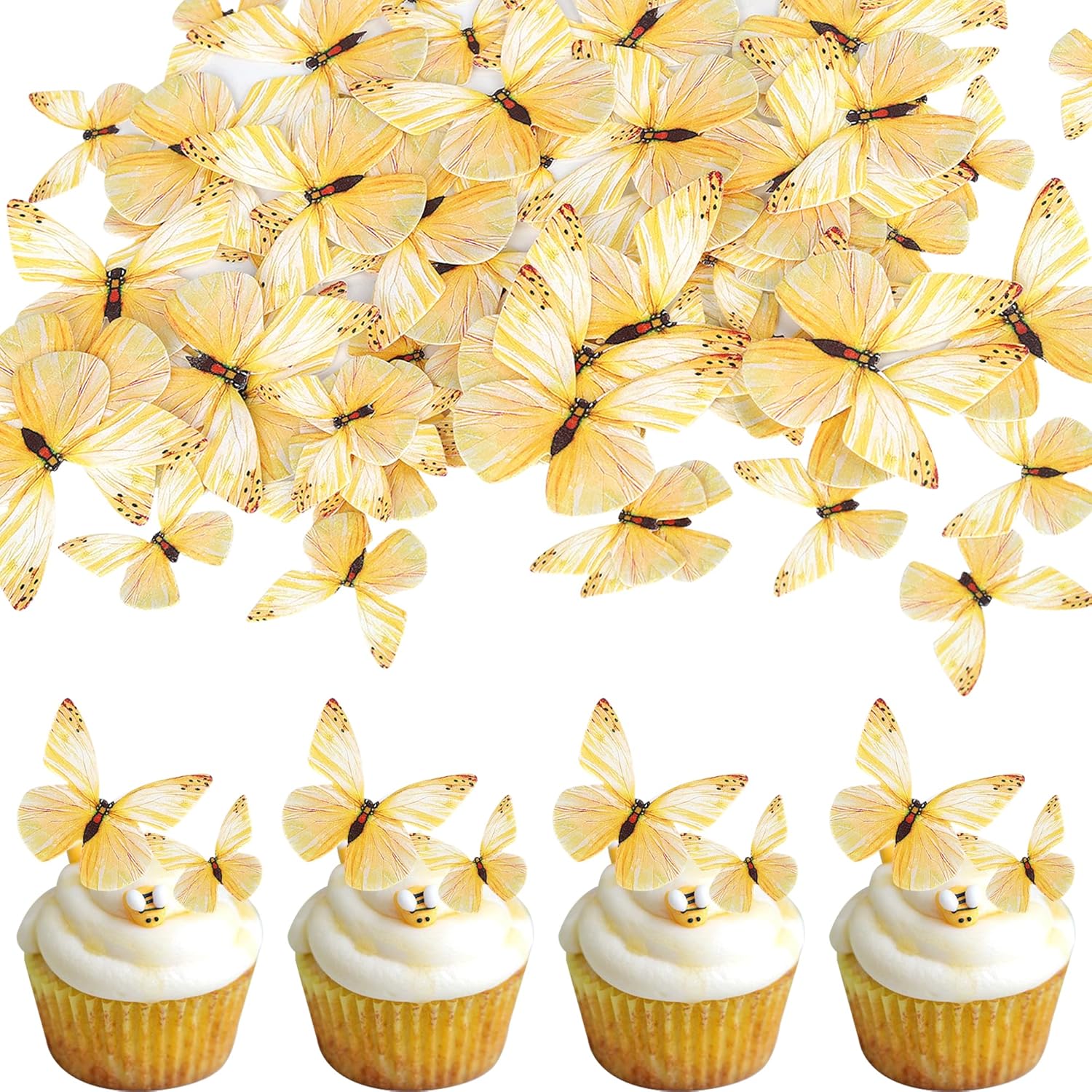 72PCS Edible Butterfly Cupcake Toppers Butterfly Cupcake Picks Edible Butterfly Cupcake Decorations for Butterfly Theme Baby Shower Kids Birthday Party Cake Decorations Supplies Yellow