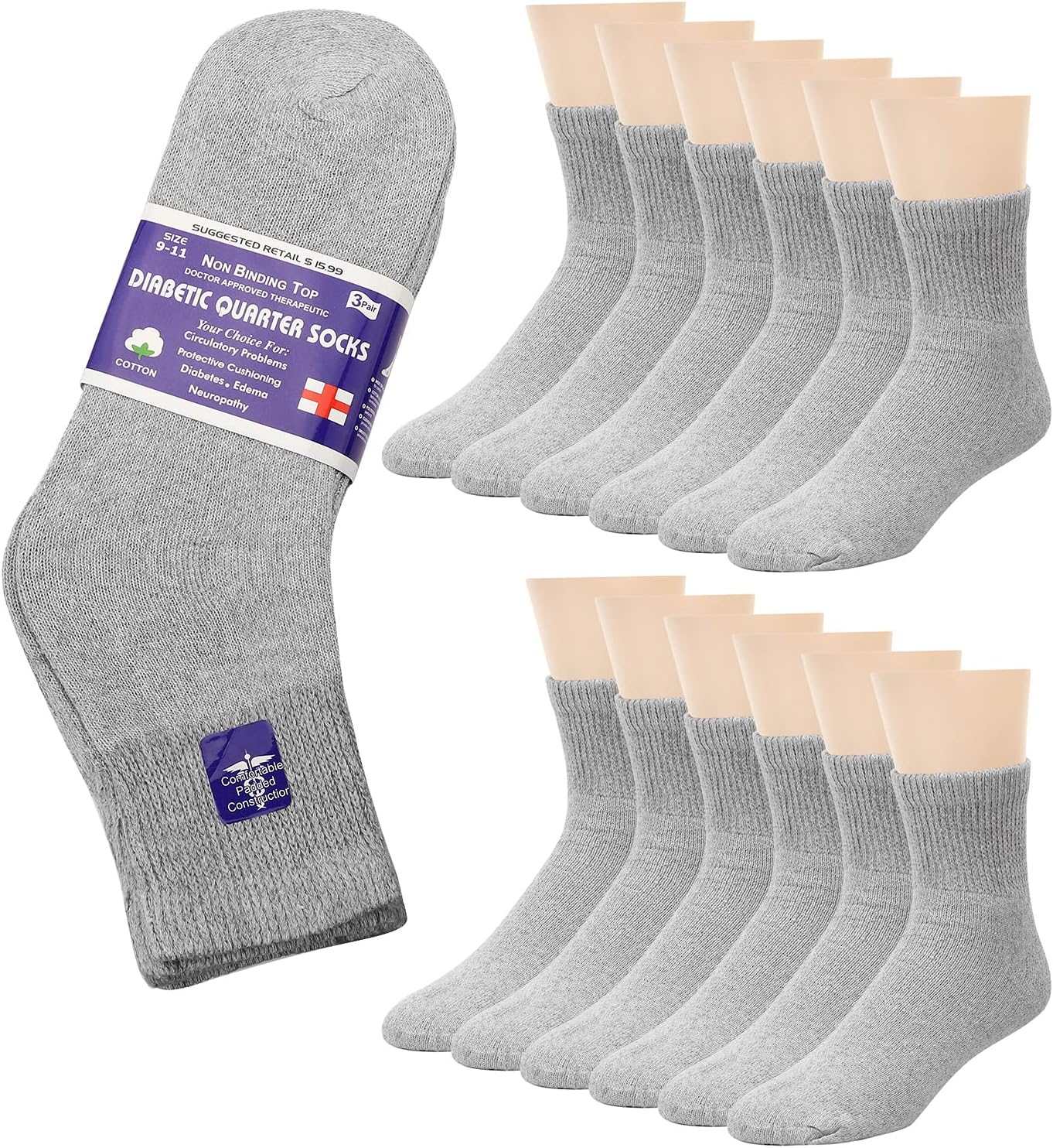 Falari 12-Pack Diabetic Socks Quarter Ankle Unisex Physicians Approved Socks (10-13, Gray)
