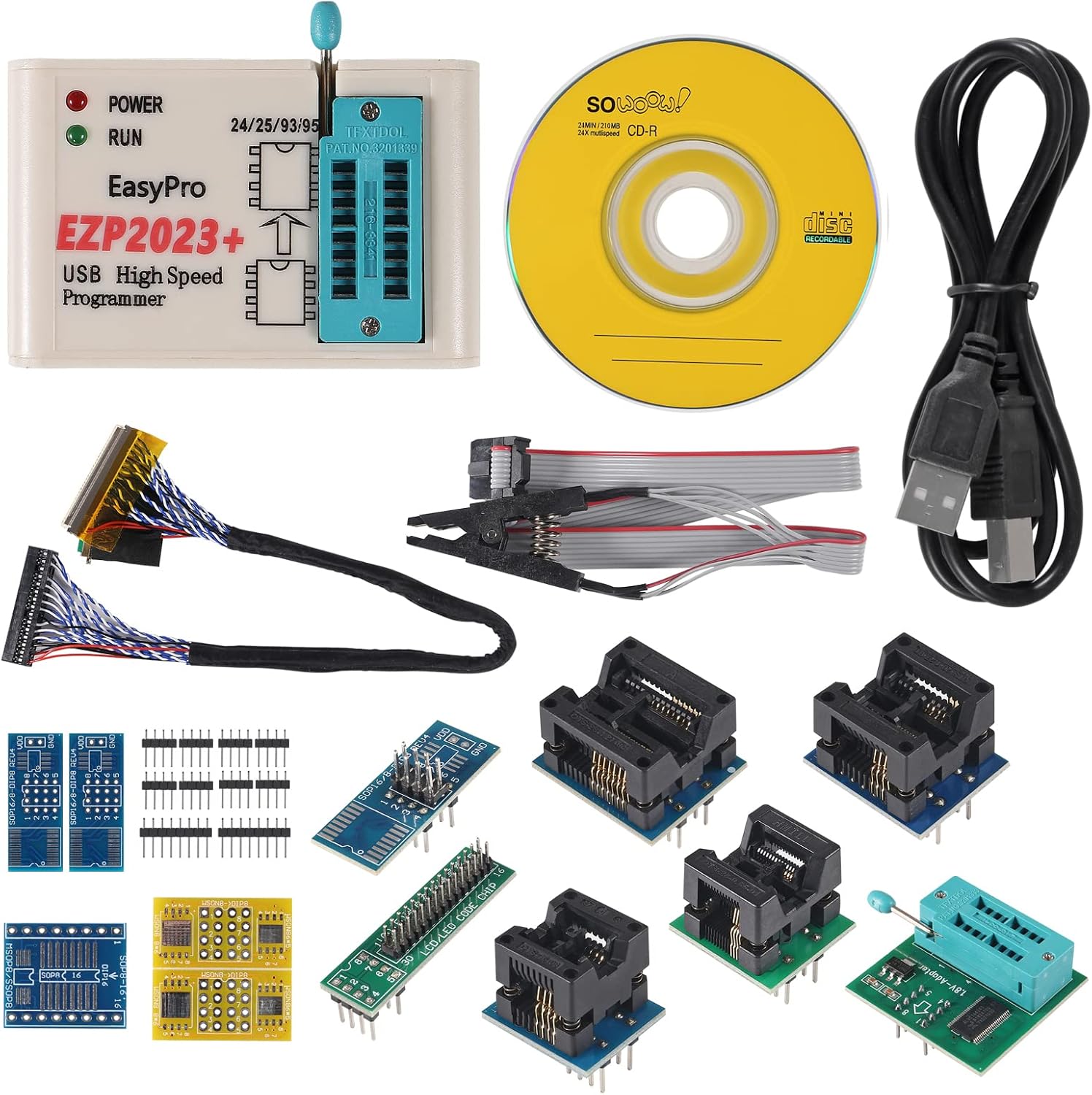 EZP2023 for New USB SPI Programmer Full Set + 12 Adapter Support 24 25 93 95 EEPROM Flash Bios Compatible with Windows EZP2019 (USB Programmer + 12 Adapter)
