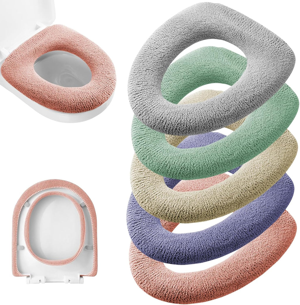 Legigo 5 Pack Thicker Bathroom Toilet Seat Cover Pads- Soft Warmer Toilet Seat Cushion Cover Stretchable Washable Fiber Cloth, Easy Installation Comfortable Toilet Lid Seat Cover(Knit Elongated Light)