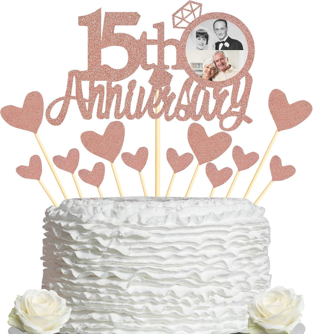 Sumerk 15th Anniversary Cake Topper,13PCS Rose Gold Glitter Cake Toppers Cake Decorations Set for 15th Wedding Anniversary Celebration Party