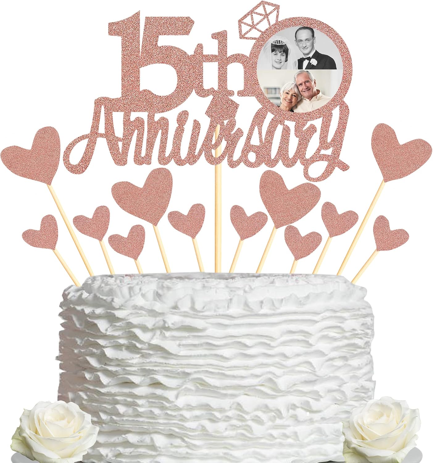 Sumerk 15th Anniversary Cake Topper,13PCS Rose Gold Glitter Cake Toppers Cake Decorations Set for 15th Wedding Anniversary Celebration Party