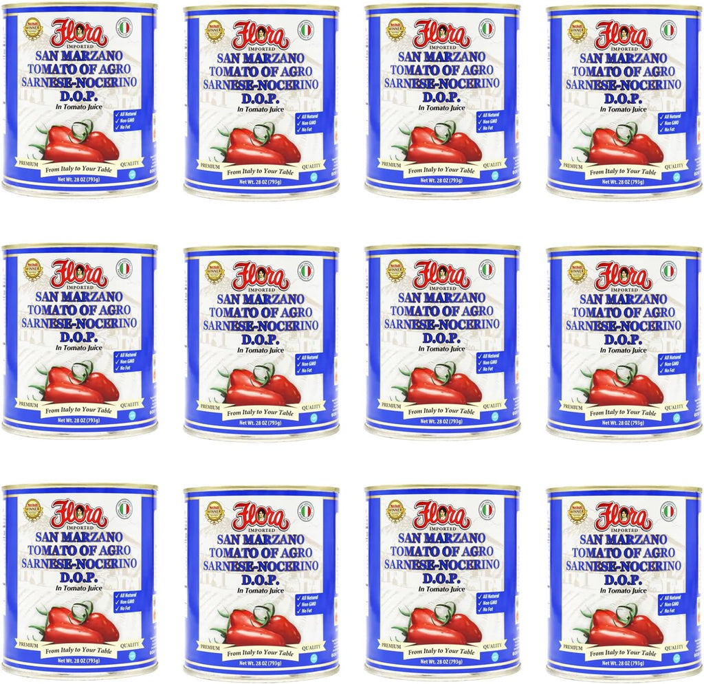 Flora Foods Tomatoes San Marzano DOP | 28 oz (793g) | Winner 100% Italian Quality | Imported, No Fat, Gluten Free, No Cholesterol (28oz - 12 Pack)