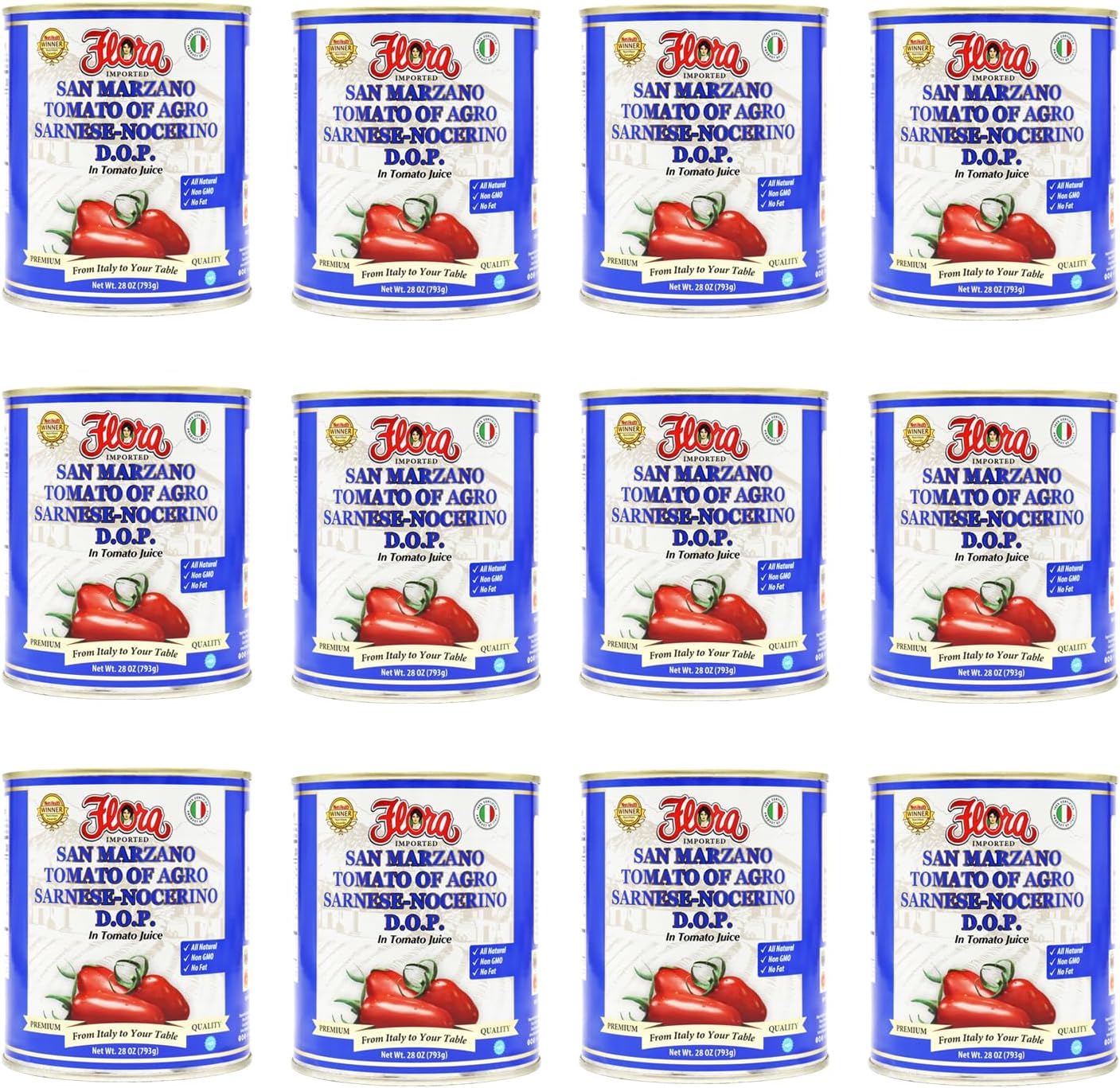 Flora Foods Tomatoes San Marzano DOP | 28 oz (793g) | Winner 100% Italian Quality | Imported, No Fat, Gluten Free, No Cholesterol (28oz - 12 Pack)