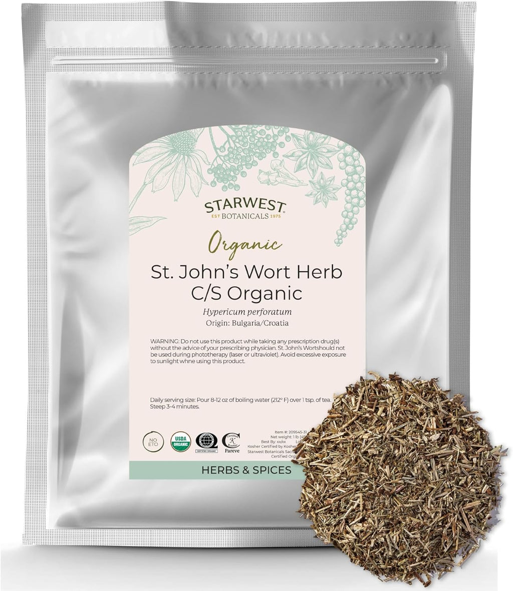 Starwest Botanicals Organic Dried St. John's Wort - Loose Leaf Herb for Tea, Made from St. John's Wort Flower, Cut & Sifted, Certified Kosher, Non-GMO - 1 lb Bag