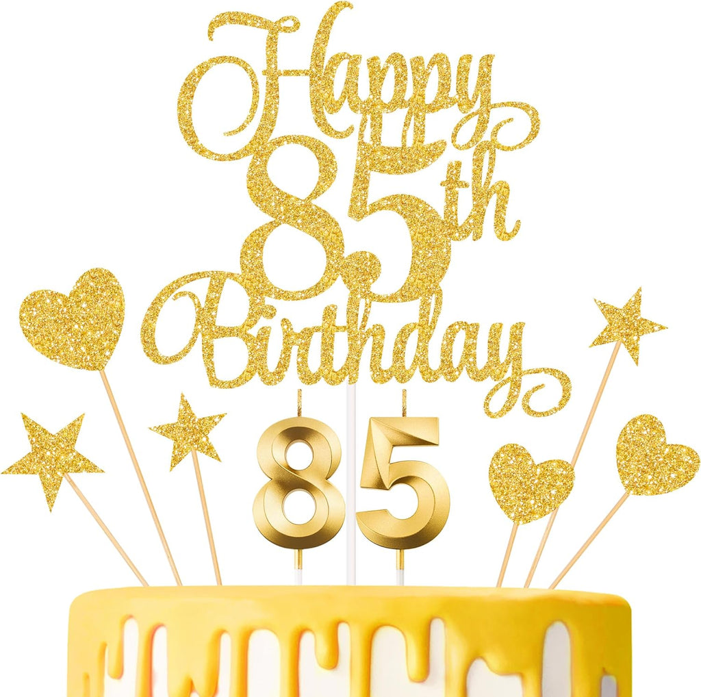 85th Birthday Cake Decorations, 85th Birthday Candles Cake Numeral Candles and Glitter Happy 85th Birthday Cake Toppers Set for Birthday Party Supplies (Gold)