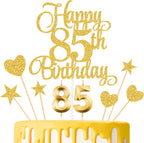 85th Birthday Cake Decorations, 85th Birthday Candles Cake Numeral Candles and Glitter Happy 85th Birthday Cake Toppers Set for Birthday Party Supplies (Gold)