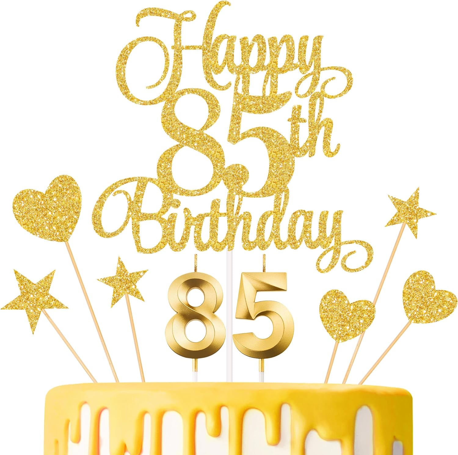 85th Birthday Cake Decorations, 85th Birthday Candles Cake Numeral Candles and Glitter Happy 85th Birthday Cake Toppers Set for Birthday Party Supplies (Gold)