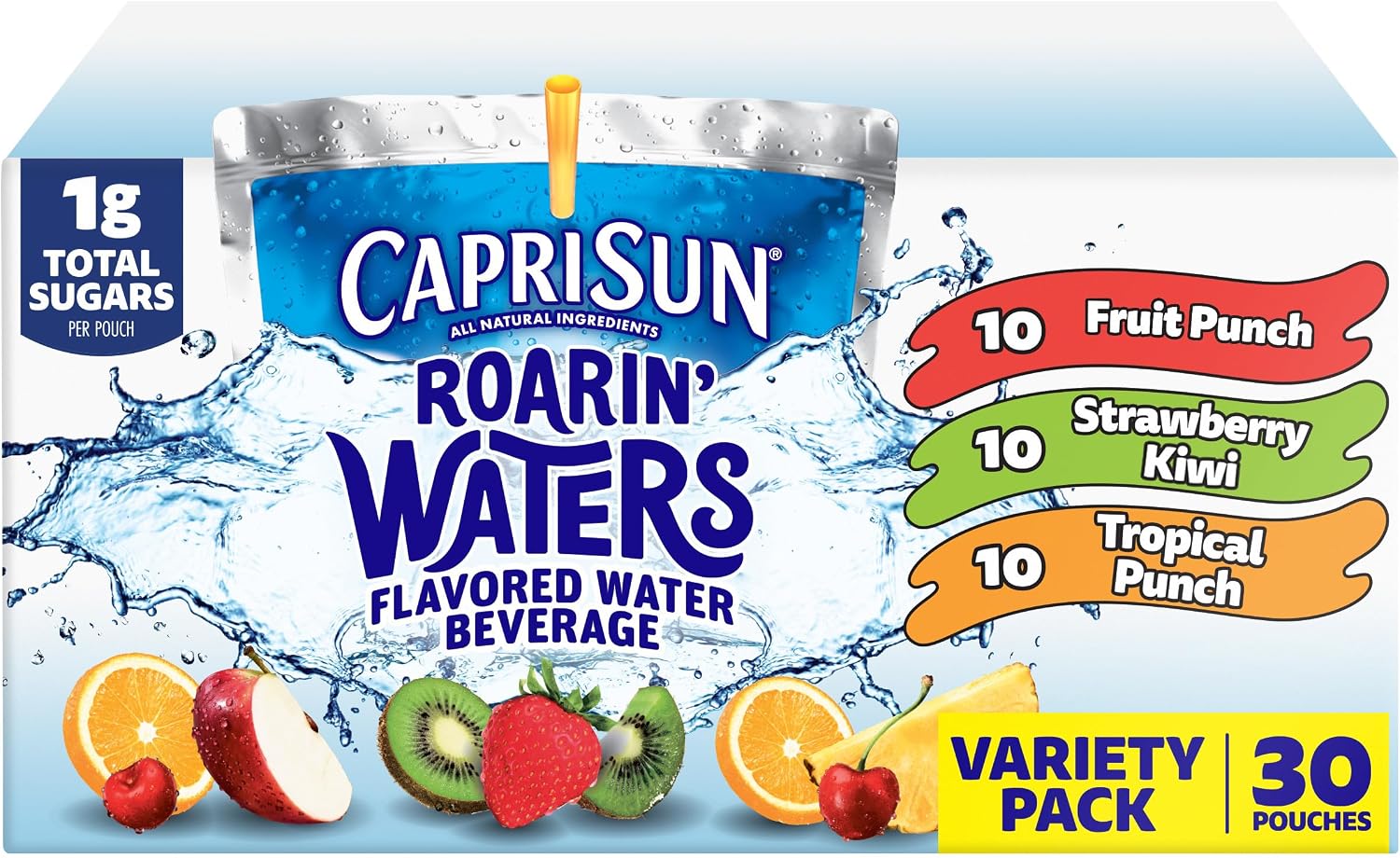 Capri Sun Roarin' Waters Flavored with Other Natural Flavor Water Beverage, 30 Pouches, for School Lunches and On-the-Go Hydration, Fruit Punch, Strawberry Kiwi and Tropical Punch, 6 fl oz