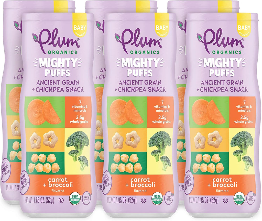 Plum Organics Mighty Puffs Ancient Grain + Chickpea Snack, Carrot + Broccoli Flavor, Baby Crawlers, Kosher, USDA Certified Organic, Non-GMO, 1.85 Ounce (Pack of 6)