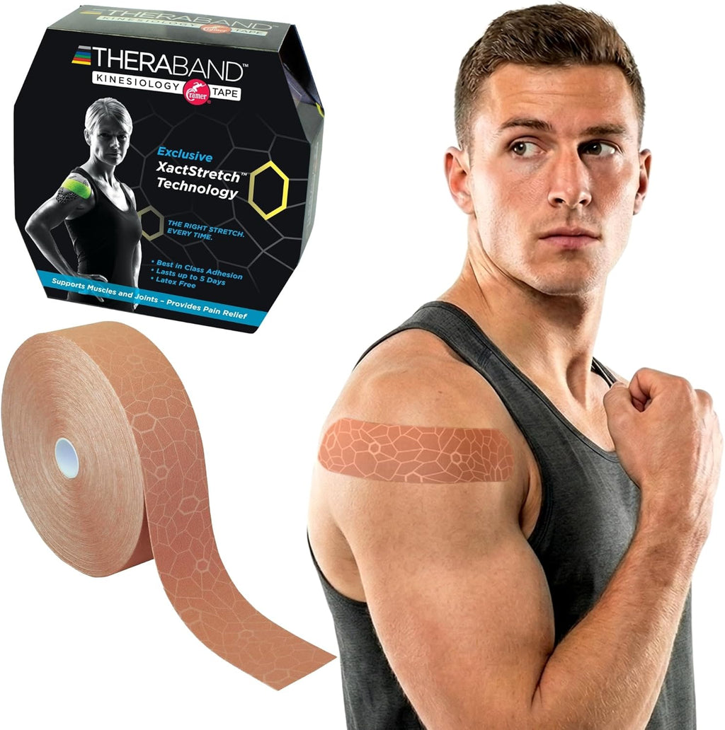 THERABAND Kinesiology Tape, Waterproof Physio Tape for Muscle & Joint Support, Standard Roll with XactStretch Application Indicators, 2 Inch x 103.3 Foot Bulk Roll, Beige/Beige