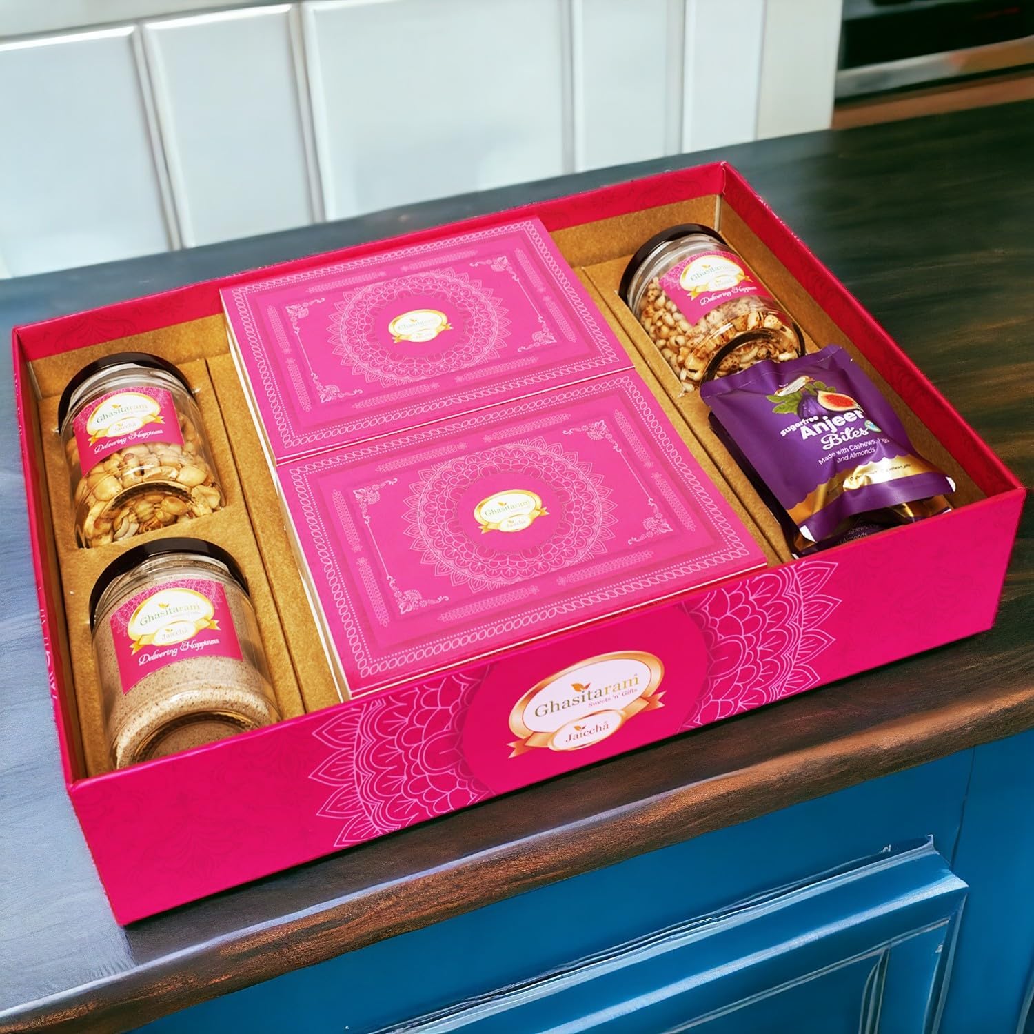 Ghasitaram Gifts Jaiccha Holi- Sweets/Holi Hampers/Thandai Ghasitaram Big Hamper Tray of Sugarfree Gujiyas, Thandai, Peanuts, Wheat Puffs, Sugarfree Bites
