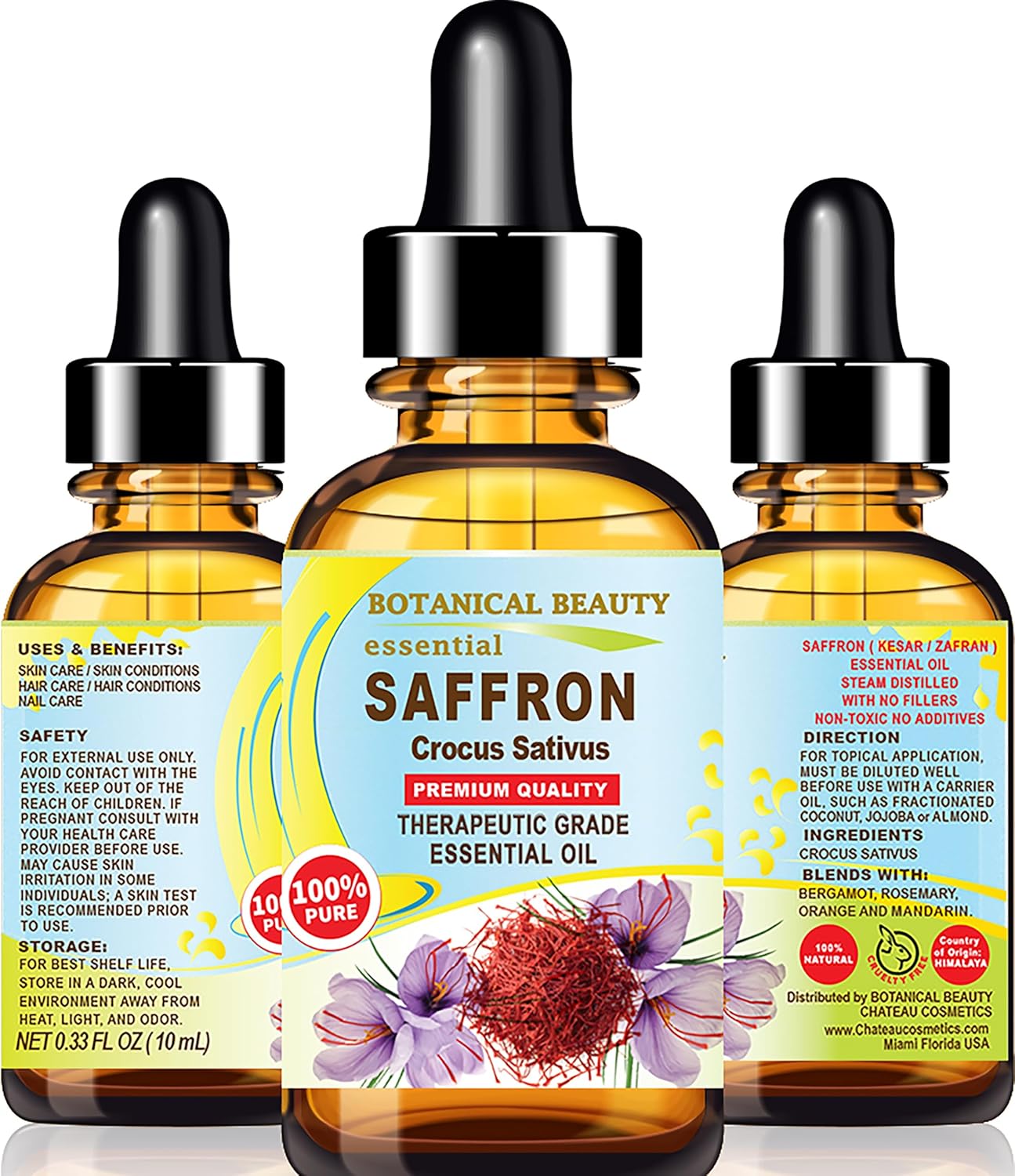 Botanical Beauty Saffron Oil (Kesar) Crocus Sativus Essential Oil 100% Natural for Face, Skin, Body, Hair, Nail Care, Dried and Damaged Skin, Aromatherapy 0.33 Fl Oz - 10 ml