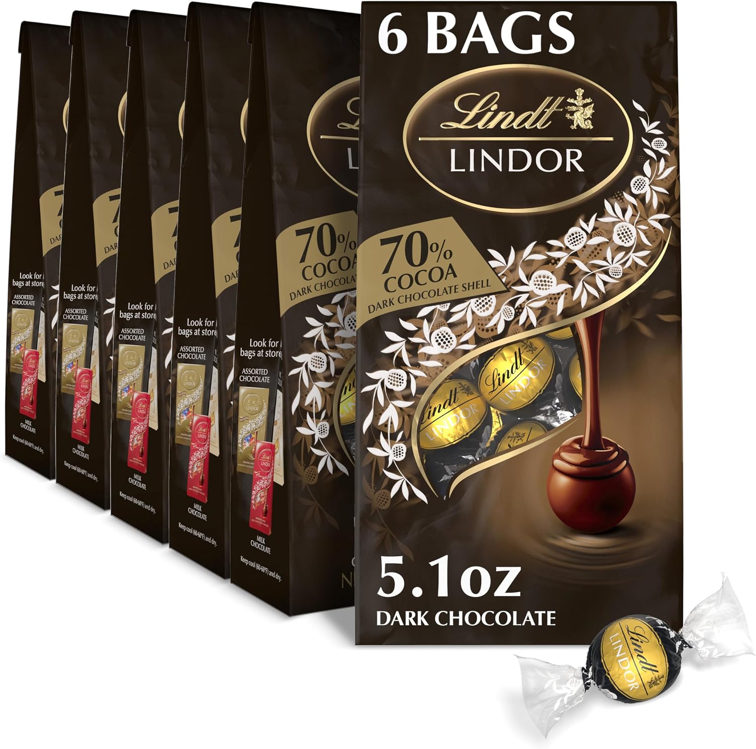 Lindt LINDOR 70% Extra Dark Chocolate Truffles, Dark Chocolate Candy with Smooth, Melting Truffle Center, Great for Gift Giving, 5.1 oz. Bag (6 Pack)