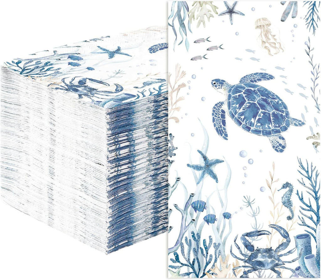 100Pcs Coastal Turtle Paper Napkins 3 Ply Blue Ocean Sea Turtles Disposable Absorbent Hand Towels Coral Starfish Guest Bathroom Napkin for Xmas Holiday Beach Wedding Birthday Dinner Party Supplies