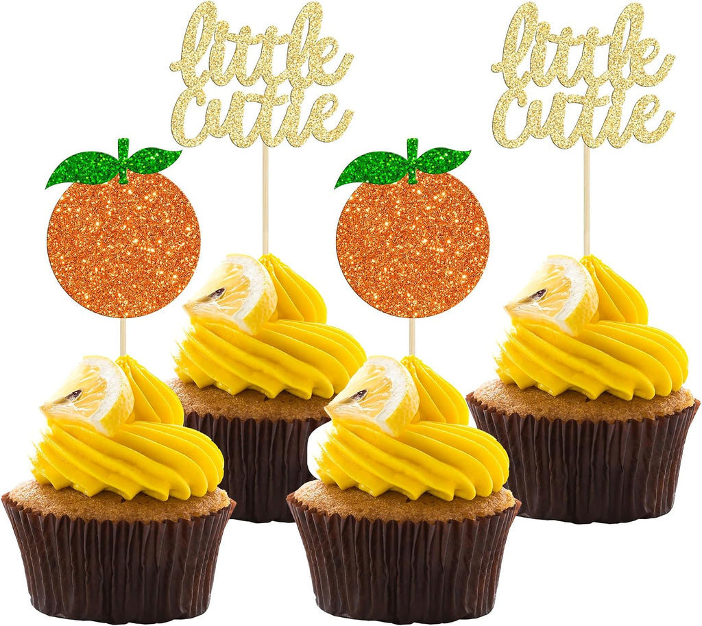 Gyufise 24Pcs Little Cutie Cupcake Toppers Glitter Orange Cupcake Picks for Citrus Theme Baby Shower Kids Birthday Party Cake Decorations Supplies