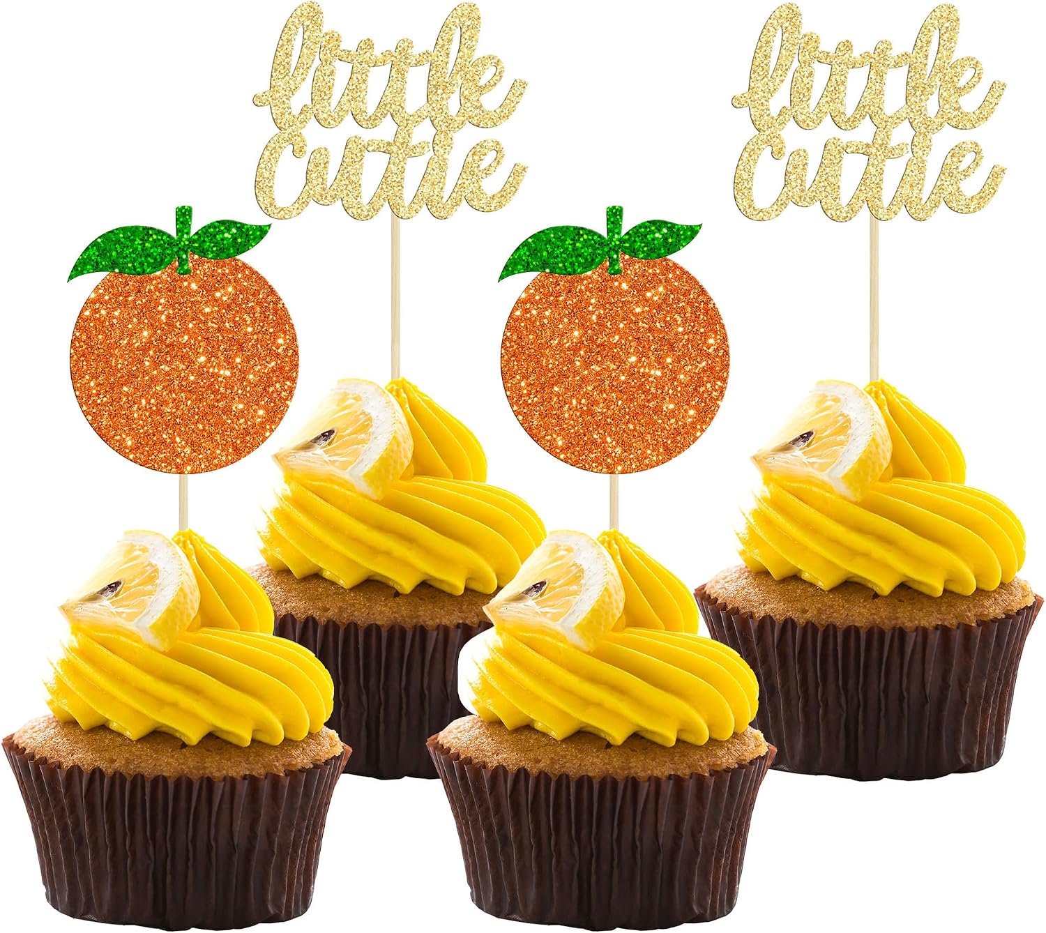 Gyufise 24Pcs Little Cutie Cupcake Toppers Glitter Orange Cupcake Picks for Citrus Theme Baby Shower Kids Birthday Party Cake Decorations Supplies