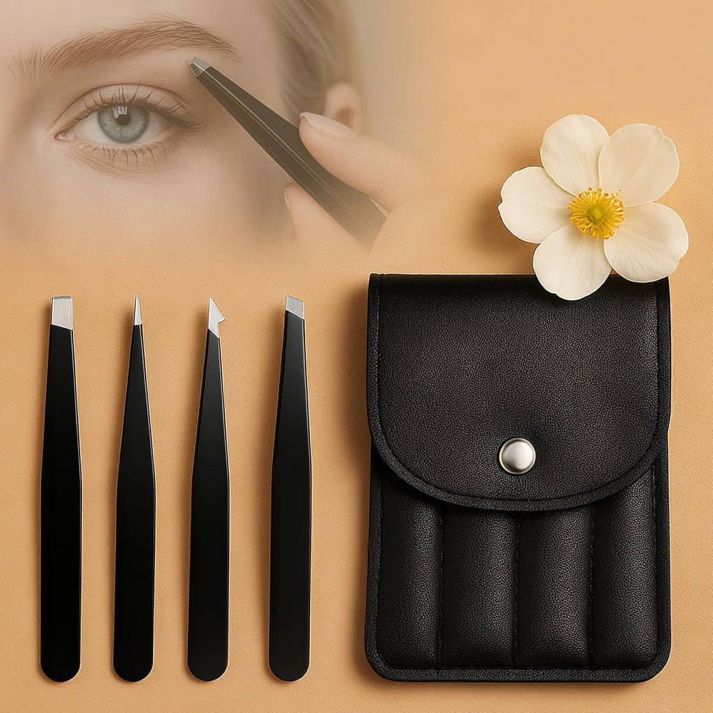 4 Pcs Tweezers Set, Professional Stainless Steel Precision Eyebrow Tweezers for Women Men Splinter Facial Hair Ingrown Hair Removal Tool, with Snap Storage Case