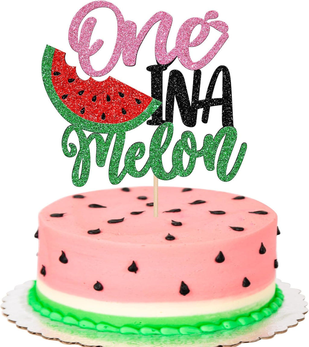 Rsstarxi 1 Pack Watermelon Cake Topper Glitter One in a Melon Cake Pick Watermelon First Birthday Cake Decorations for Summer Fruit Baby Shower Boys Girs 1st Birthday Party Decorations
