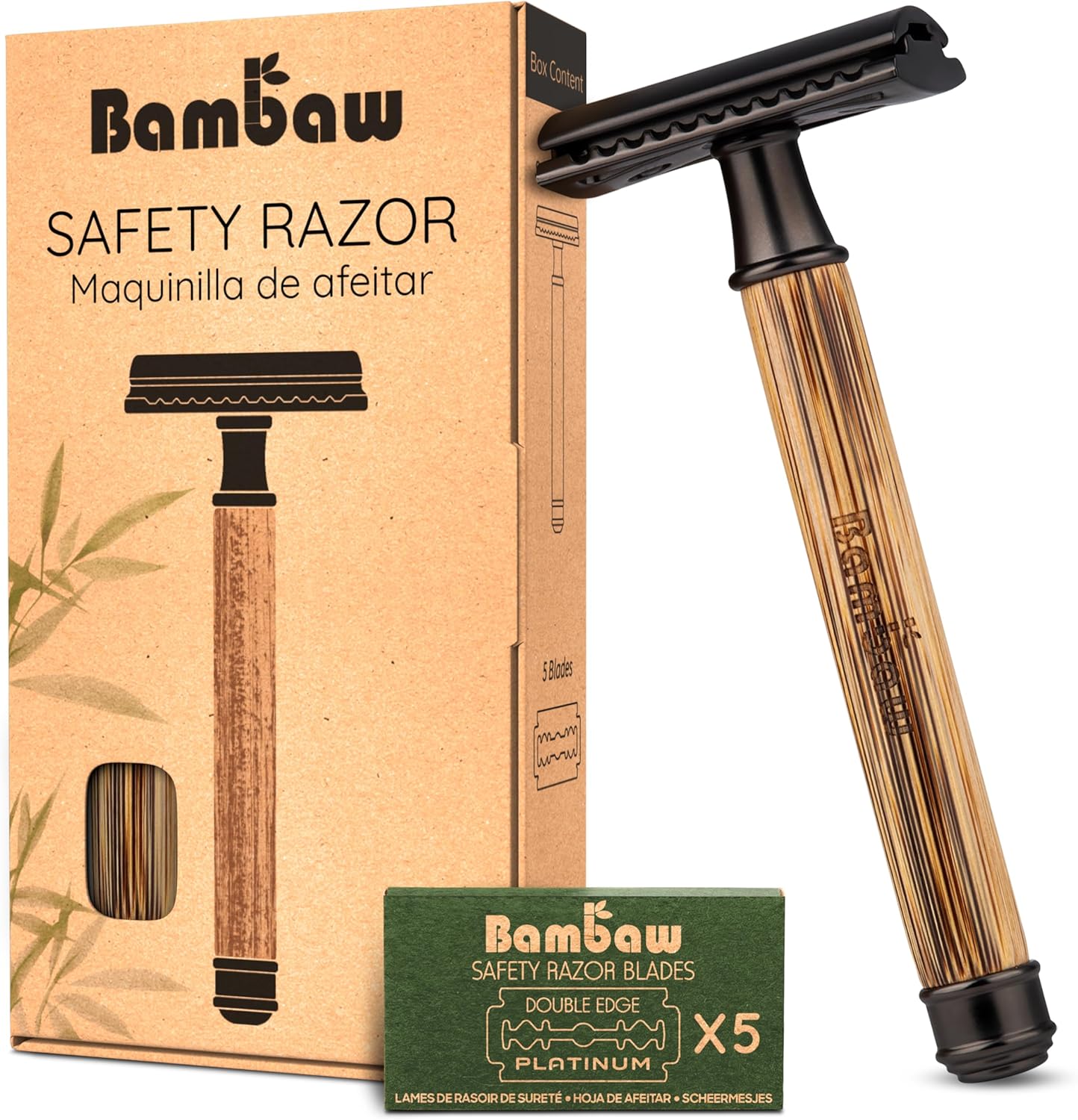 Bambaw Single Blade Razors for Men & Women, Bamboo Razor with 5 Blades, Double Edge Safety Razor, Eco-Friendly, Reusable & Plastic Free – Slim Bamboo Black