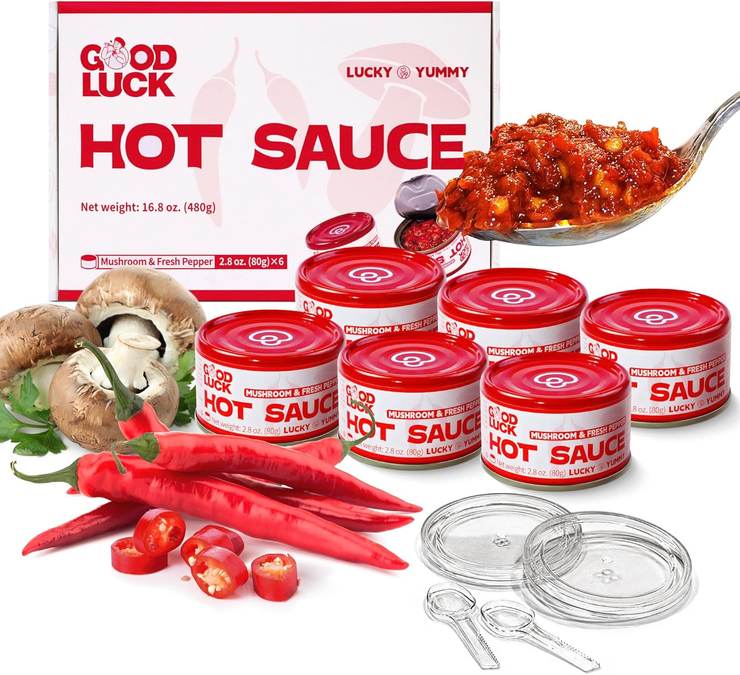 GOOD LUCK Mushroom Hot Sauce, Spicy Chili Oil and Chili Paste with High-Grade Instant Mushroom Sauce, Chopped Chili Sauce,Fresh Pepper,Soybean,Garlic,6 Cans