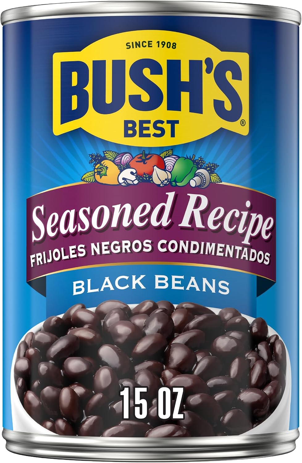 Bush's Canned Seasoned Recipe Black Beans (Pack of 1), Good Source of Plant-Based Protein, Good Source of Fiber, Fat Free, Gluten Free, 15 oz
