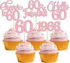 Gyufise 30Pcs 60th Birthday Cupcake Toppers 60 Fabulous Cupcake Picks Cheers to 60 1966 Cake Decorations for Happy 60th Birthday Wedding Anniversary Party Decoration Supplies Pink