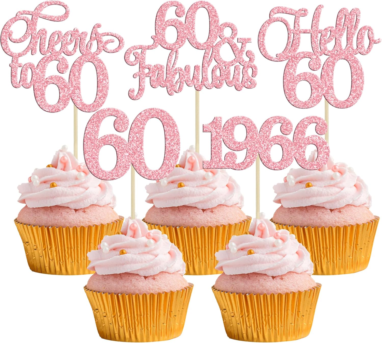 Gyufise 30Pcs 60th Birthday Cupcake Toppers 60 Fabulous Cupcake Picks Cheers to 60 1966 Cake Decorations for Happy 60th Birthday Wedding Anniversary Party Decoration Supplies Pink