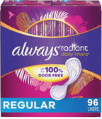 Always Radiant Daily Feminine Panty Liners For Women, Regular Absorbency, Unscented, 96 Count(Pack of 1)