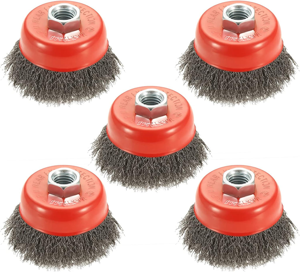 AUPREX 5 Pack 3 Inch Coarse Crimped Wire Cup Brush for Angle Grinder with 5/8 Inch-11 Threaded Arbor - 0.014 Inch Carbon Steel Wire -Light Duty Conditioning for Metals